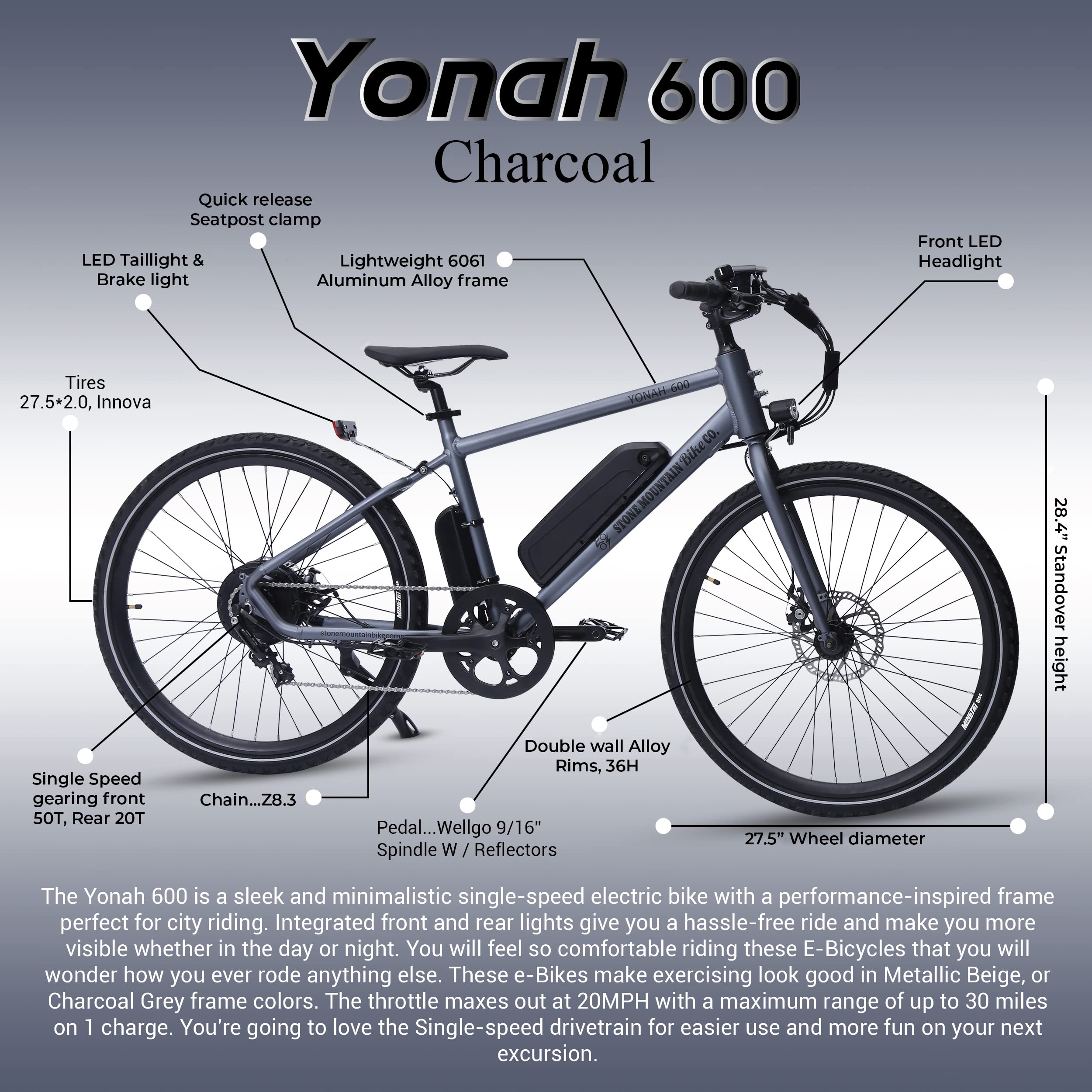 5Seconds Yonah 600 Electric Bicycle, 20mph Top Speed E-Bike, Electric Commuter Bike for Adults with 500W Motor