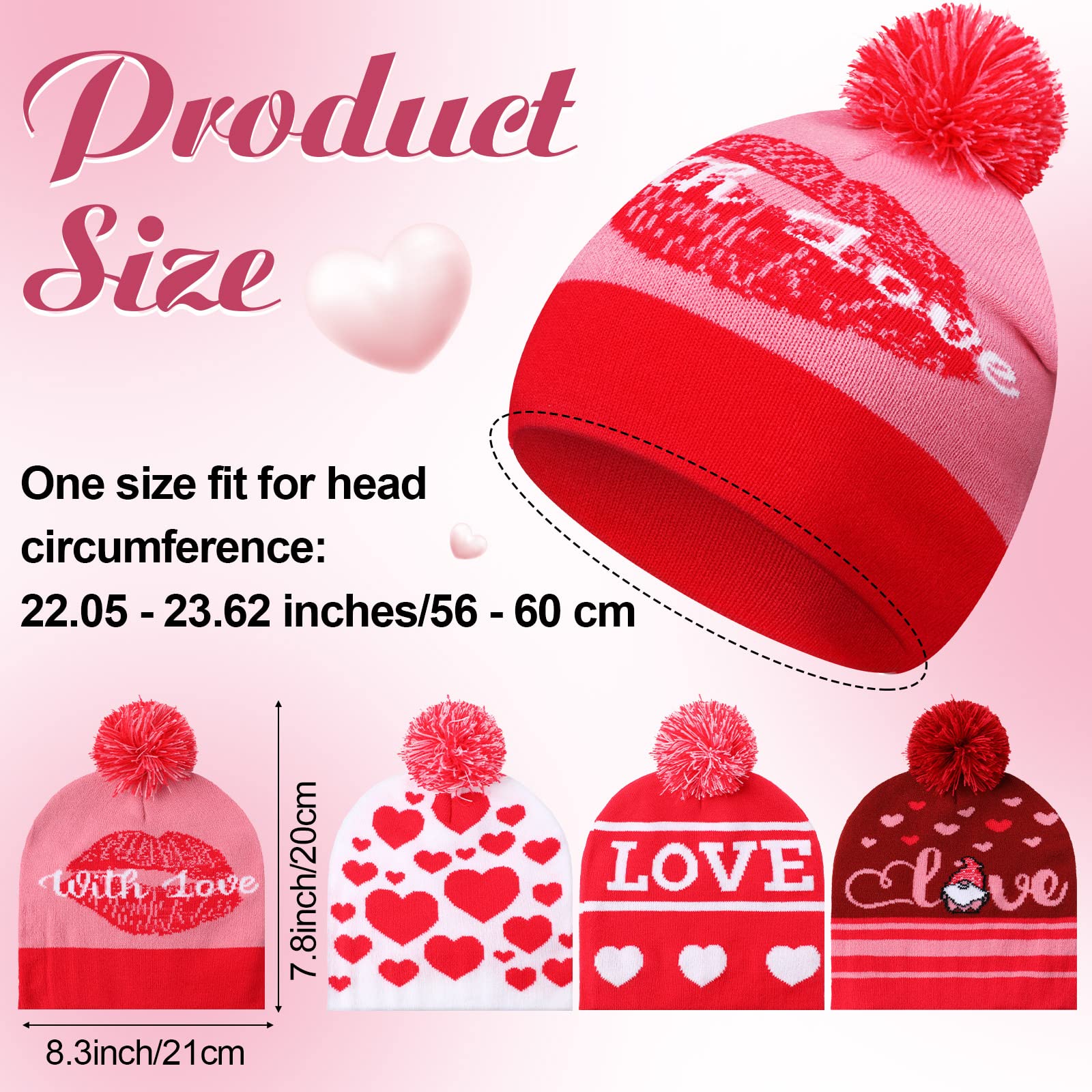 Valentine's Day Love Beanie Hats Heart Pattern Hats Warm Stretch Winter Knit Hat for Men Women Adult Valentine's Day Gifts (Heart,4 Pcs)