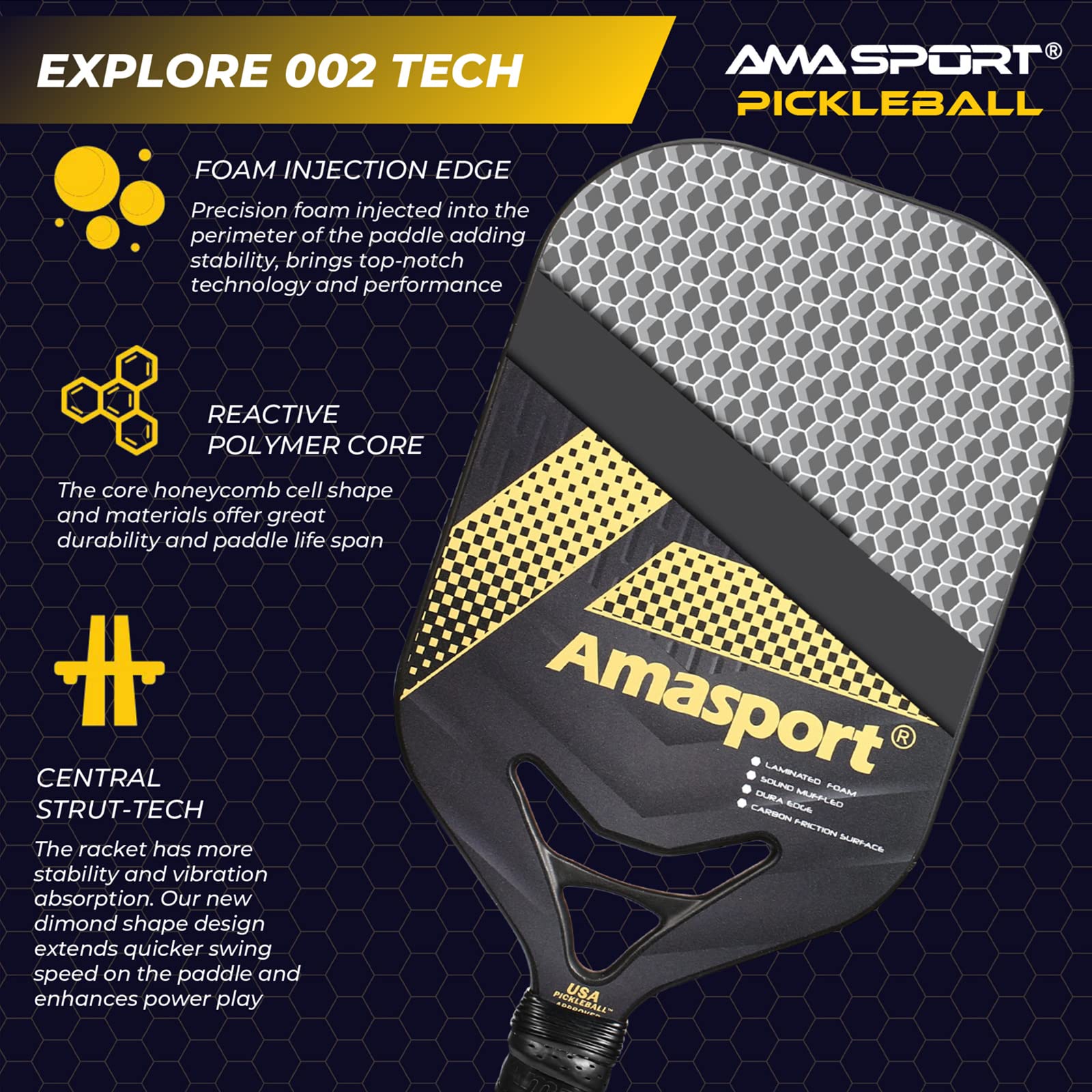 Matrix Pickleball Paddle Explore 002 - Graphite Textured Surface - Diamond Cutting Air Dynamic Throat Pickleball Elongated Rackets with Large Sweet Spot, More Power & Reach