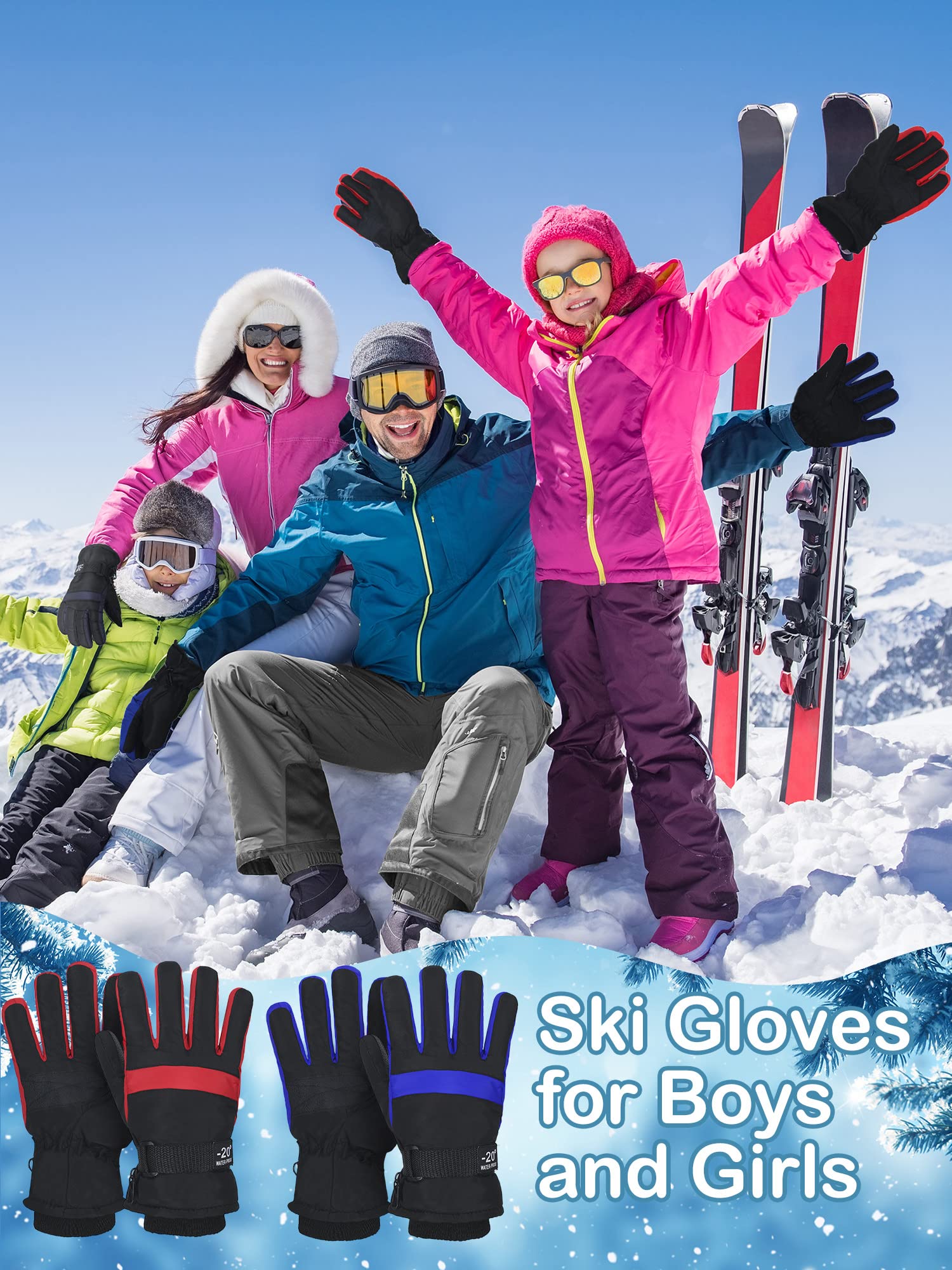 Eurzom 4 Pairs Kids Winter Ski Snow Gloves Waterproof and Windproof Adjustable Gloves for Kids, 4 Colors (Red, Blue, Bright Blue, Gray, 8-15 Years)