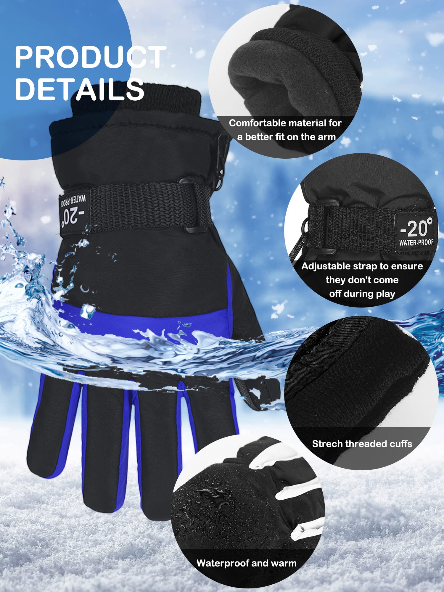 Eurzom 4 Pairs Kids Winter Ski Snow Gloves Waterproof and Windproof Adjustable Gloves for Kids, 4 Colors (Red, Blue, Bright Blue, Gray, 8-15 Years)