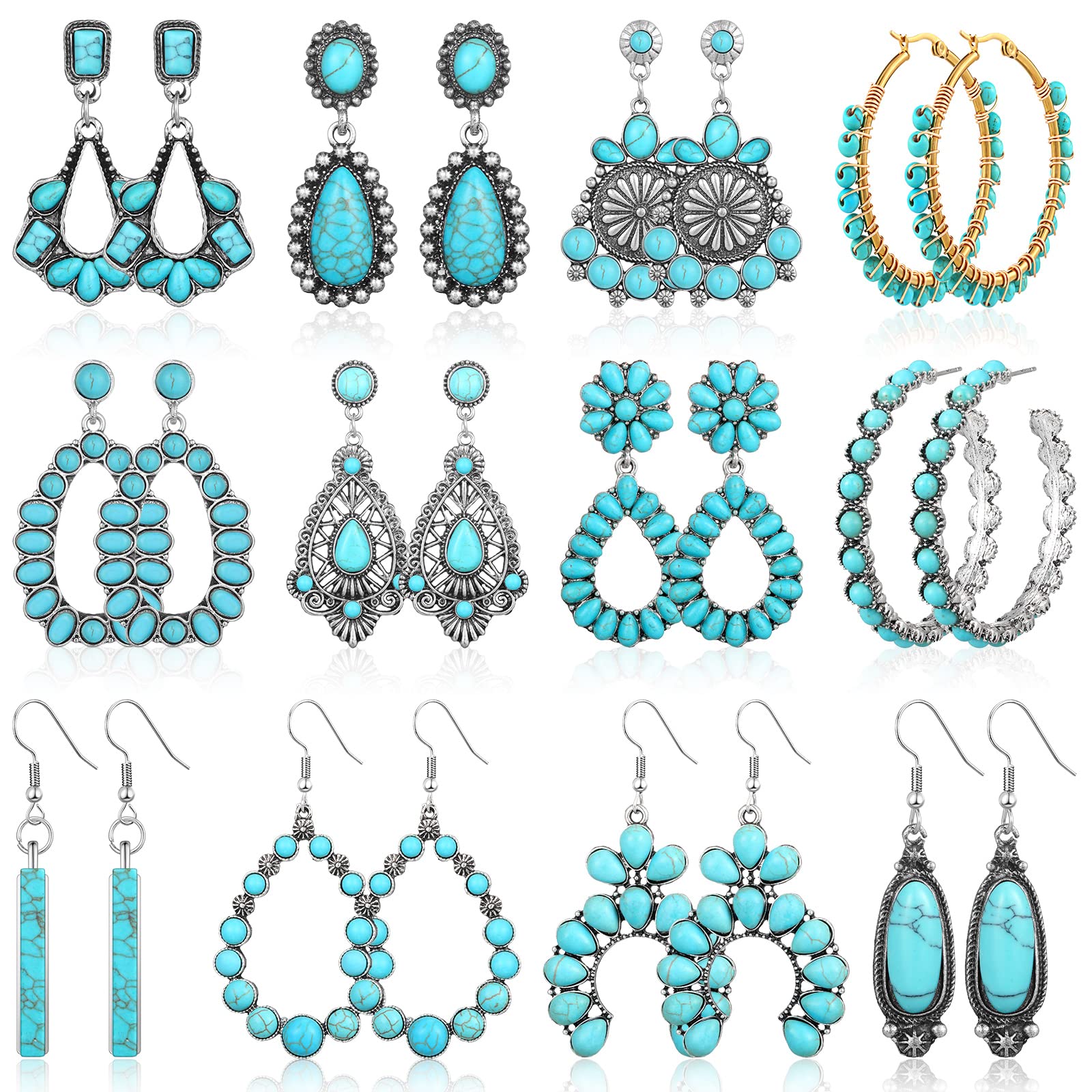 Trnayi 12 Pairs Turquoise Earring Set Turquoise Bohemian Dangle Stud Earrings Turquoise Round Metal Earrings Boho Vintage Oval Earring Metal Earring for Women(Fresh Style)