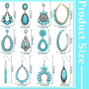 Trnayi 12 Pairs Turquoise Earring Set Turquoise Bohemian Dangle Stud Earrings Turquoise Round Metal Earrings Boho Vintage Oval Earring Metal Earring for Women(Fresh Style)