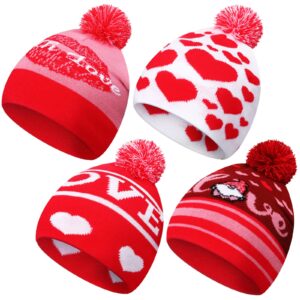 Valentine's Day Love Beanie Hats Heart Pattern Hats Warm Stretch Winter Knit Hat for Men Women Adult Valentine's Day Gifts (Heart,4 Pcs)