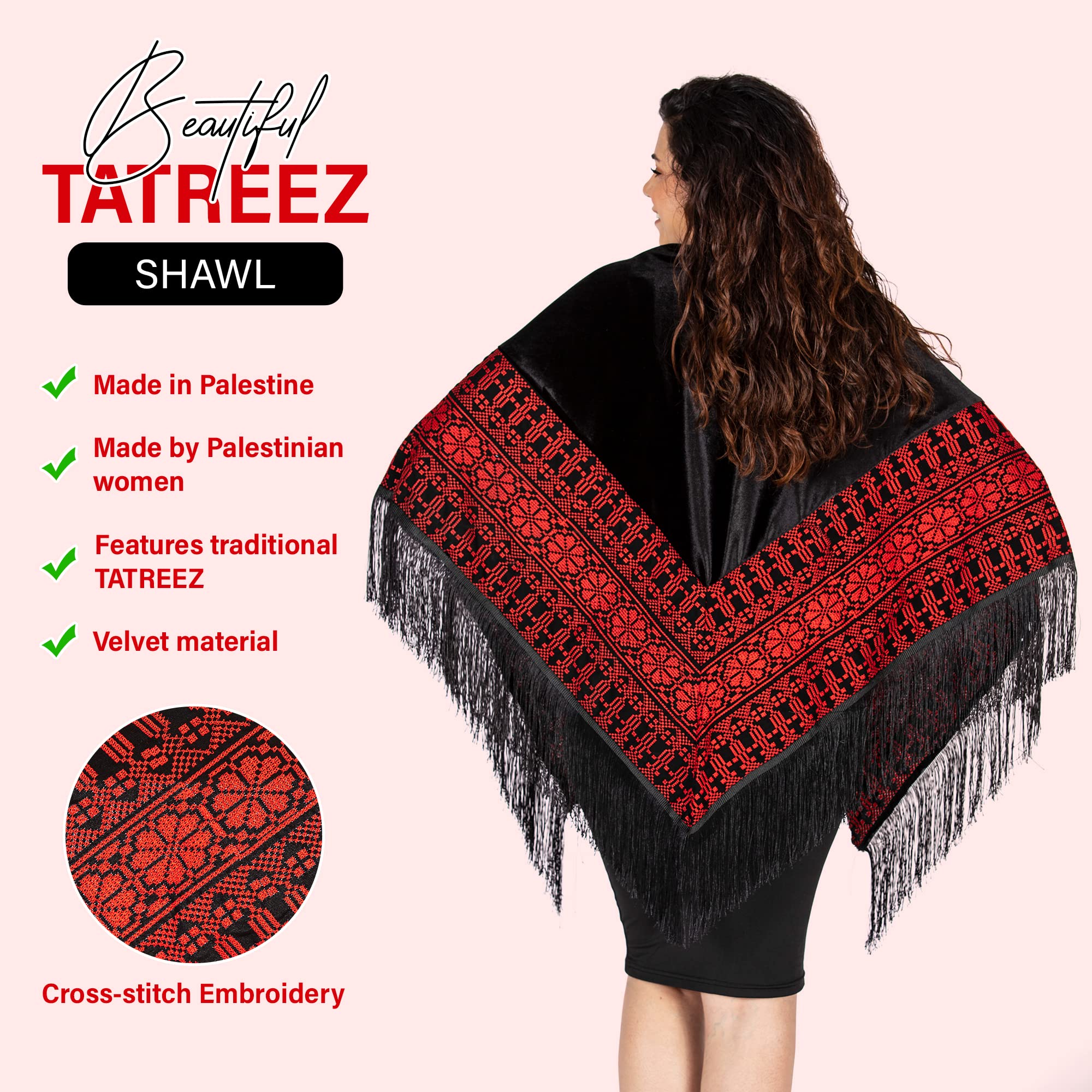 Palestinian Tatreez (Embroidery) Shawl made in Hebron featuring the classic red and black tatreez colors