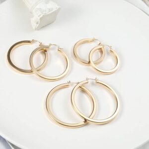 3 Pairs Big Gold Hoop Earrings Set for Women 14K Gold Plated, Hypoallergenic Stainless Steel Post Chunky Twisted Hoops Earring for Women Girls. (3 Gold Square Hoop)