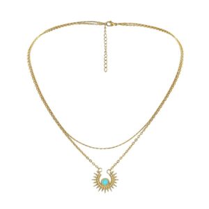 unilogue titanium steel gold link chain necklace, sun with turquoise pendant female necklace jewelry gift for women (layered chain sun with turquoise pendant)