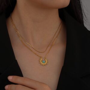 UniLogue Titanium Steel Gold Link Chain Necklace, Sun with Turquoise Pendant Female Necklace Jewelry Gift for Women (Layered Chain Sun with Turquoise Pendant)