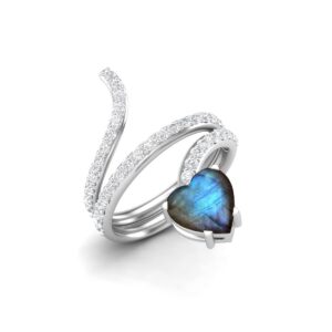 MOONEYE 7MM Heart Shape Wrap Bypass Snake Ring Natural Labradorite 925 Sterling Silver Women Wedding Rings (Sterling Silver, 8)