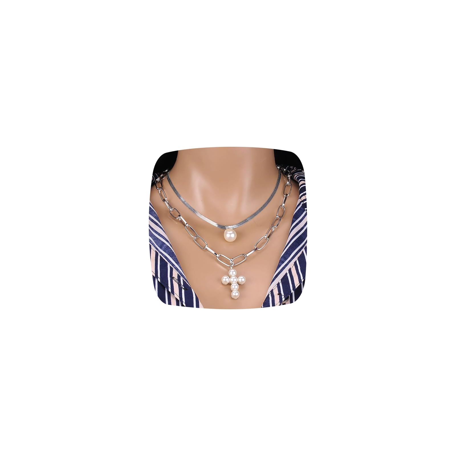 MUAYOUAUM Cross Faux Pearl GOLD Necklaces for Women SILVER