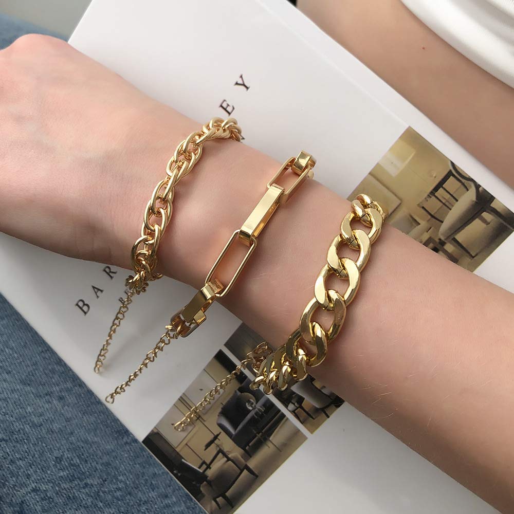 Vcagirest Layered Gold Chain Bracelet Set 4 Pcs Gold Link Bracelet Cuban Link Bracelet Punk Hip Hop Jewelry for Women and Girls (Gold)