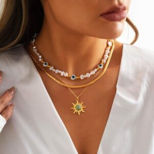 Sixexey Layered Sun Necklace Gold Necklace Chain Beaded Summer Beach Necklace Accessories for Women(B)