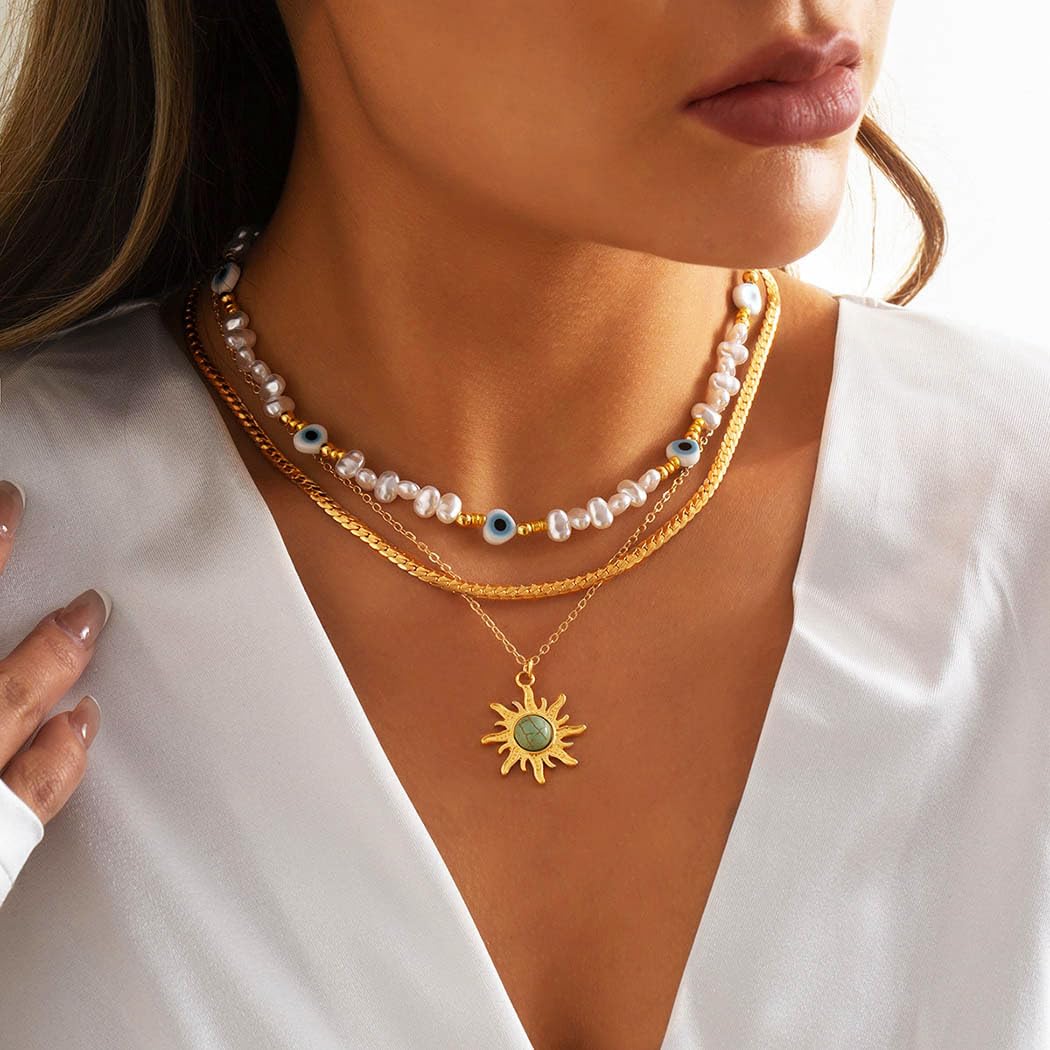 Sixexey Layered Sun Necklace Gold Necklace Chain Beaded Summer Beach Necklace Accessories for Women(B)