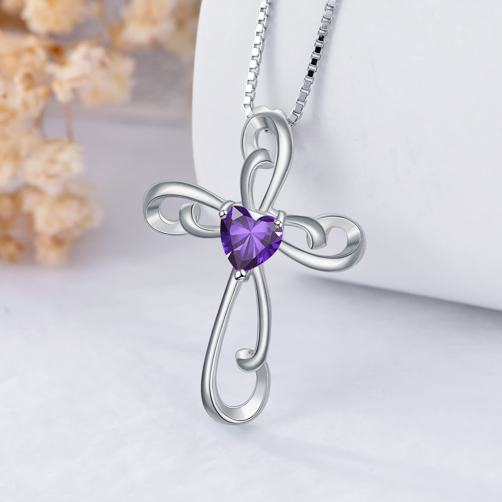 Cross Necklace for Women 925 Sterling Silver Birthstone Necklace Twisted Faith Cross Crucifix Pendant with Heart Shape Zirconia Fine Jewelry Birthday Gift for Her,18-20inches