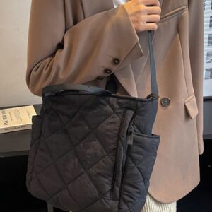 Women Quilted Tote Bag Puffer Hobo Handbag Lightweight Padding Shoulder Bag Nylon Padded Crossbody Purse Black One Size