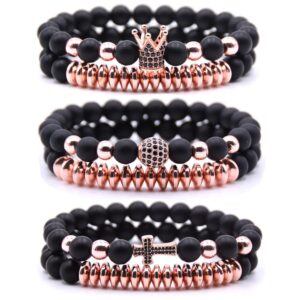 hyhoney 3 set men bracelet zircon crown king beads bracelet for men women mens bracelet couple bracelet bracelets for men beads elastic adjustable cross bracelet for women beaded bracelets