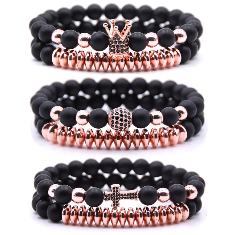 HYHONEY 3 Set Men Bracelet Zircon Crown King Beads Bracelet For Men Women Mens Bracelet Couple Bracelet Bracelets For Men Beads Elastic Adjustable Cross Bracelet For Women Beaded Bracelets