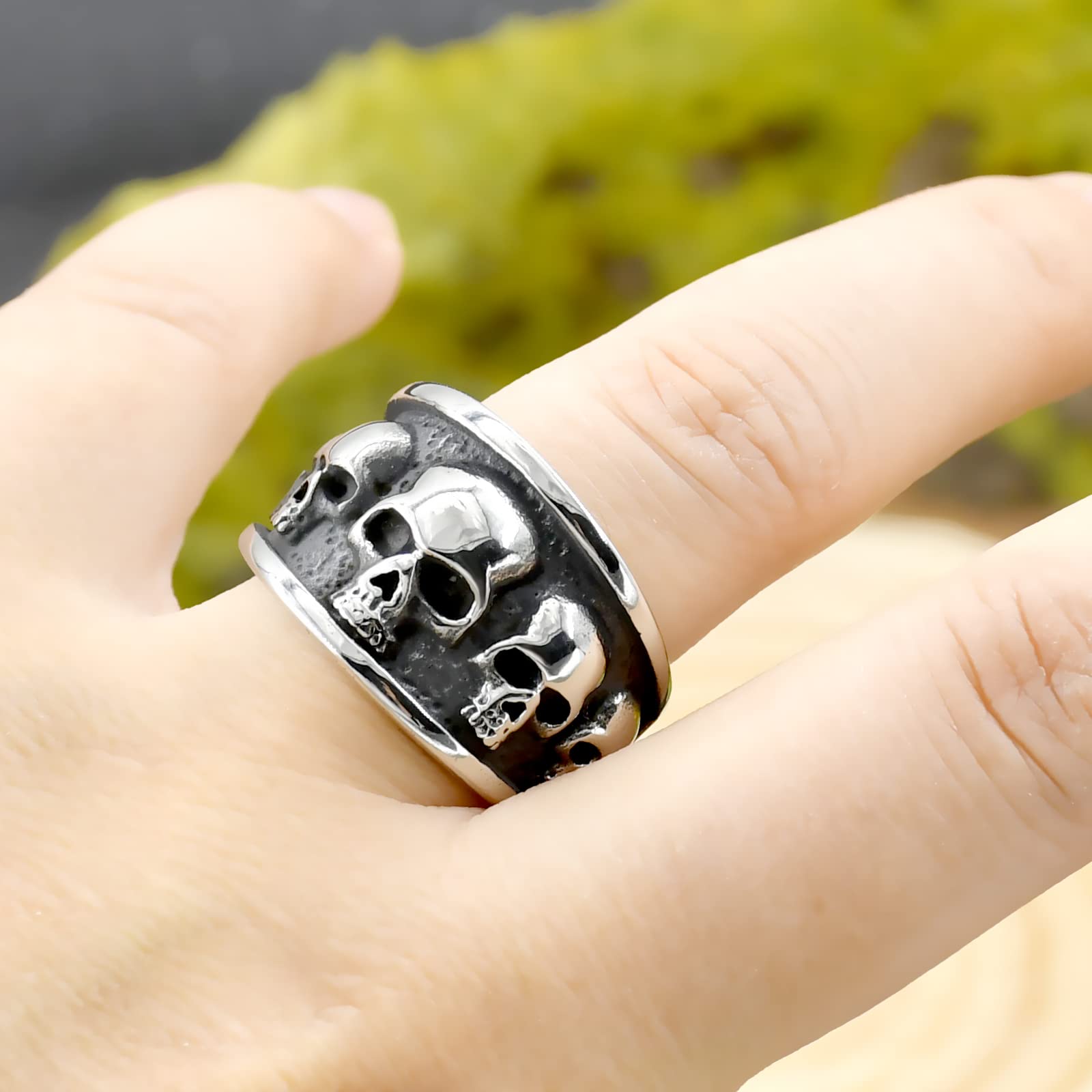 HJ HUAJ Stainless Steel Cool Skull Rings Gothic Death Skull Skeleton Cocktail Party Biker Statement Retro Vintage Ring