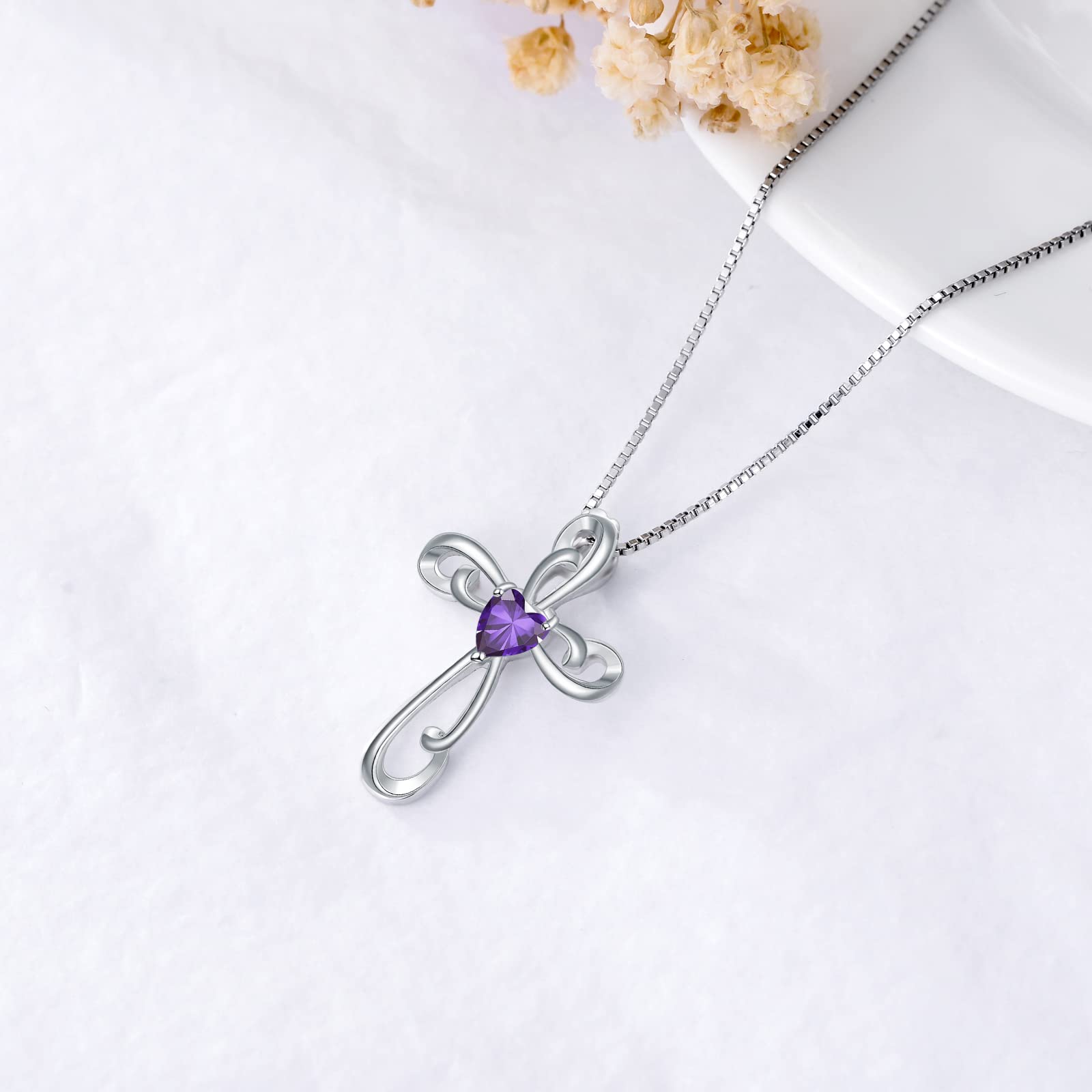 Cross Necklace for Women 925 Sterling Silver Birthstone Necklace Twisted Faith Cross Crucifix Pendant with Heart Shape Zirconia Fine Jewelry Birthday Gift for Her,18-20inches