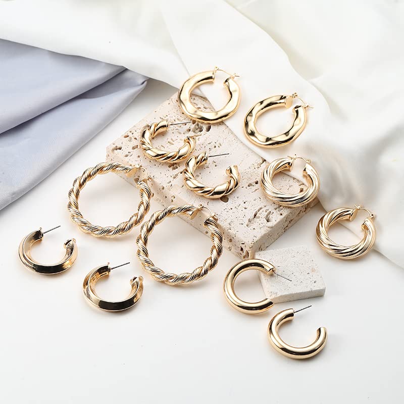 6 Pairs Gold Chunky Hoop Earrings for Women,14K Gold Plated Twisted Huggie Hoop Earring Set Hypoallergenic,Thick Open Hoop Earrings Packs Lightweight. (6 New Gold Hoops)