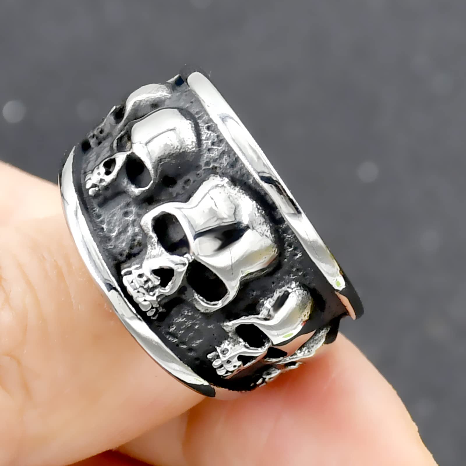 HJ HUAJ Stainless Steel Cool Skull Rings Gothic Death Skull Skeleton Cocktail Party Biker Statement Retro Vintage Ring