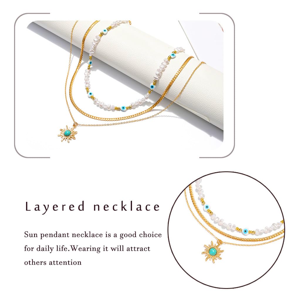 Sixexey Layered Sun Necklace Gold Necklace Chain Beaded Summer Beach Necklace Accessories for Women(B)