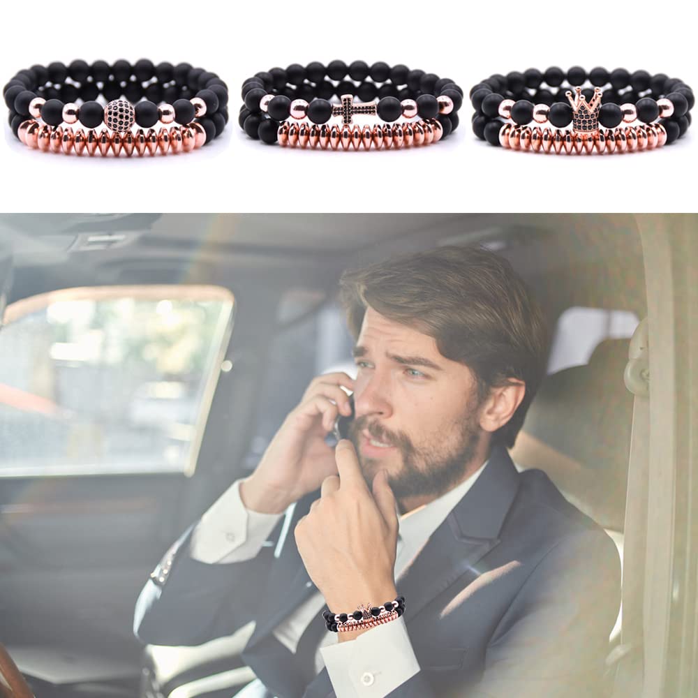 HYHONEY 3 Set Men Bracelet Zircon Crown King Beads Bracelet For Men Women Mens Bracelet Couple Bracelet Bracelets For Men Beads Elastic Adjustable Cross Bracelet For Women Beaded Bracelets