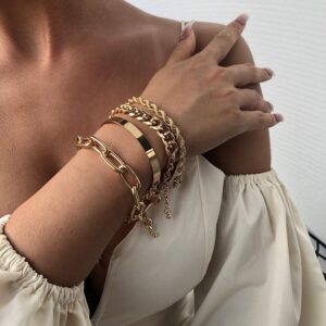 vcagirest layered gold chain bracelet set 4 pcs gold link bracelet cuban link bracelet punk hip hop jewelry for women and girls (gold)