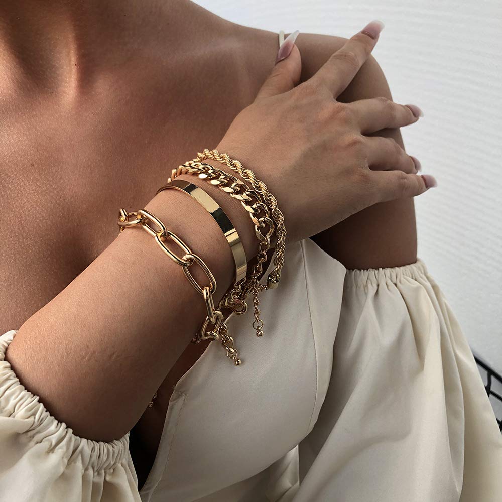 Vcagirest Layered Gold Chain Bracelet Set 4 Pcs Gold Link Bracelet Cuban Link Bracelet Punk Hip Hop Jewelry for Women and Girls (Gold)