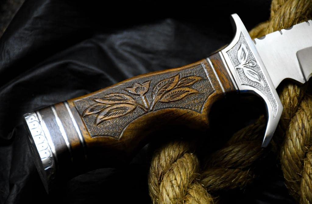 2a's Knives Handmade D2 Steel Bowie Knife with Sheath, This Cutting Knife has Hand Engraved Wood Handle.