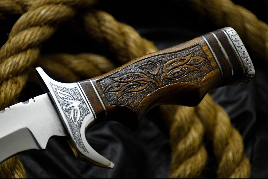 2a's Knives Handmade D2 Steel Bowie Knife with Sheath, This Cutting Knife has Hand Engraved Wood Handle.