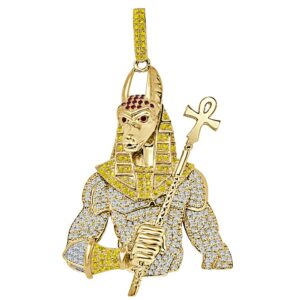 38+ Grams Big 3'' Real Authentic Sterling Silver 3.00 Cwt. Simulated Diamond 14K Gold Over Egyptian God Anubis Ankh Cross Custom Pendant Pharaoh Charm (Yellow Gold Finish)