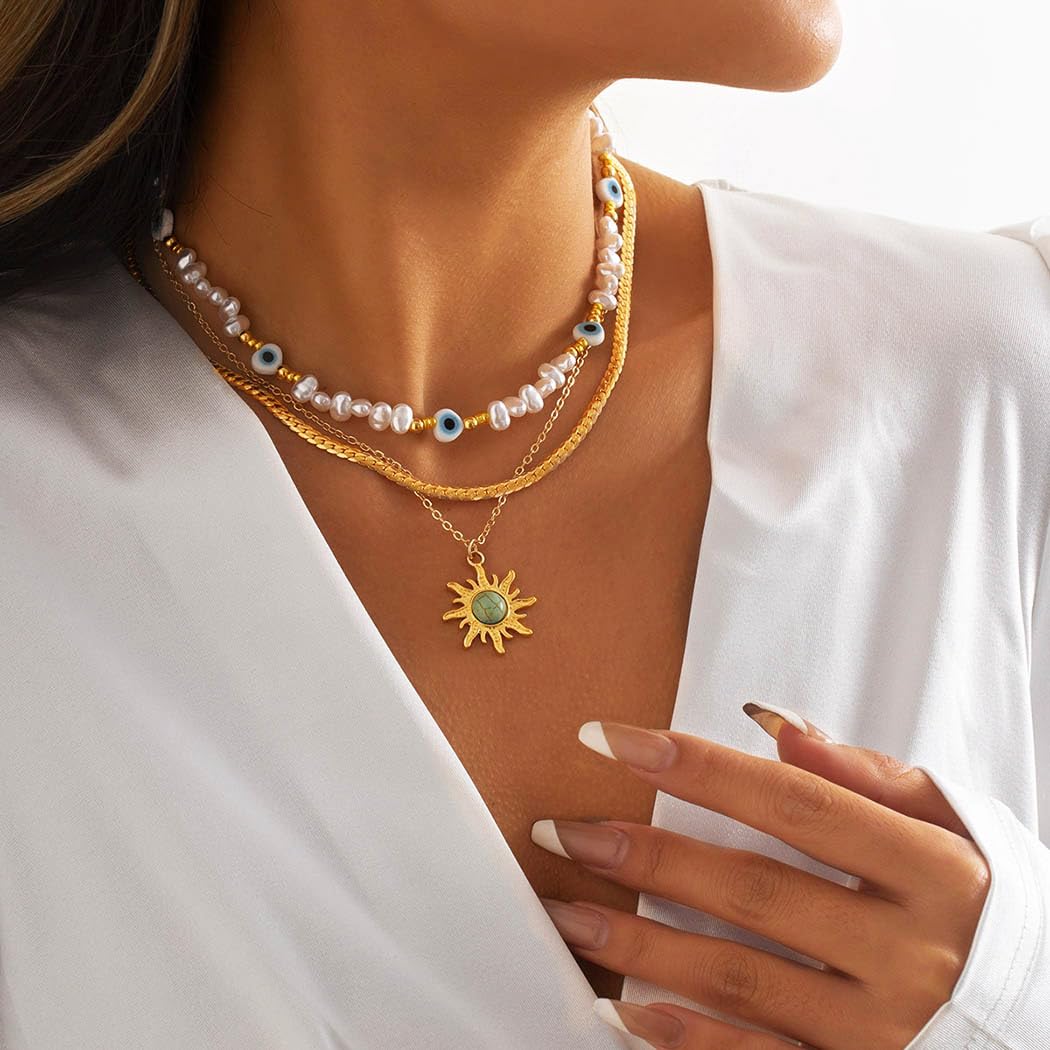 Sixexey Layered Sun Necklace Gold Necklace Chain Beaded Summer Beach Necklace Accessories for Women(B)