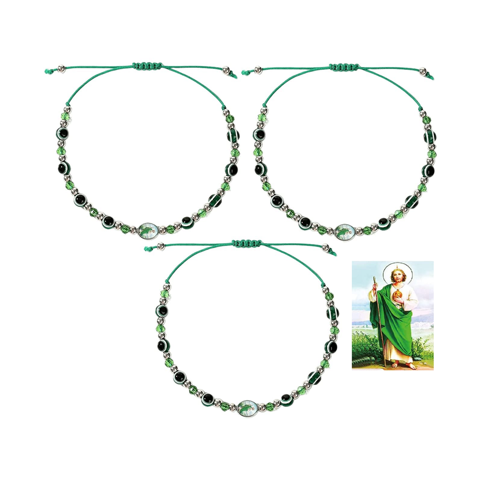 Uarein Saint Benedict/Saint Jude Beaded Bracelet for Women Men.Adjustable Braided Rope Bracelet Evil Eye Bracelet Luck Bracelet for Family 3Pcs (Green1)