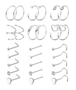 finrezio 27pcs 22g surgical steel nose rings hoop nose studs for women men l shaped nose rings stud cartilage earrings piercing jewelry