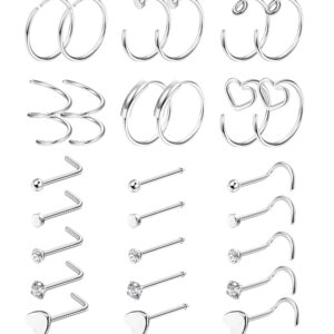 FINREZIO 27PCS 22G Surgical Steel Nose Rings Hoop Nose Studs for Women Men L Shaped Nose Rings Stud Cartilage Earrings Piercing Jewelry