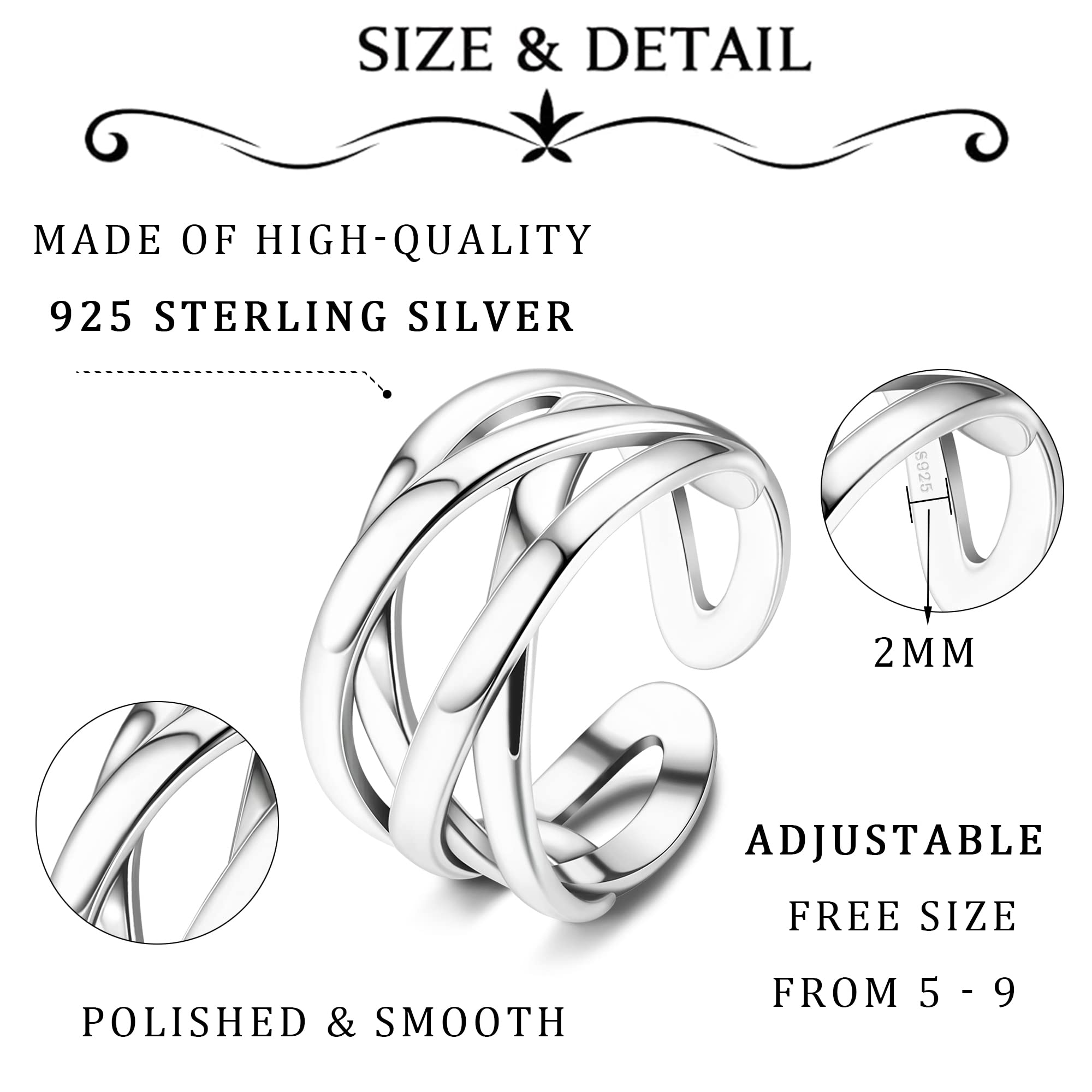 ZELORES 925 Sterling Silver Celtic Knot Rings Open Knuckle Rings for Women Adjustable Thumb Finger Rings Minimalist Cross Line Band Rings (Silver)