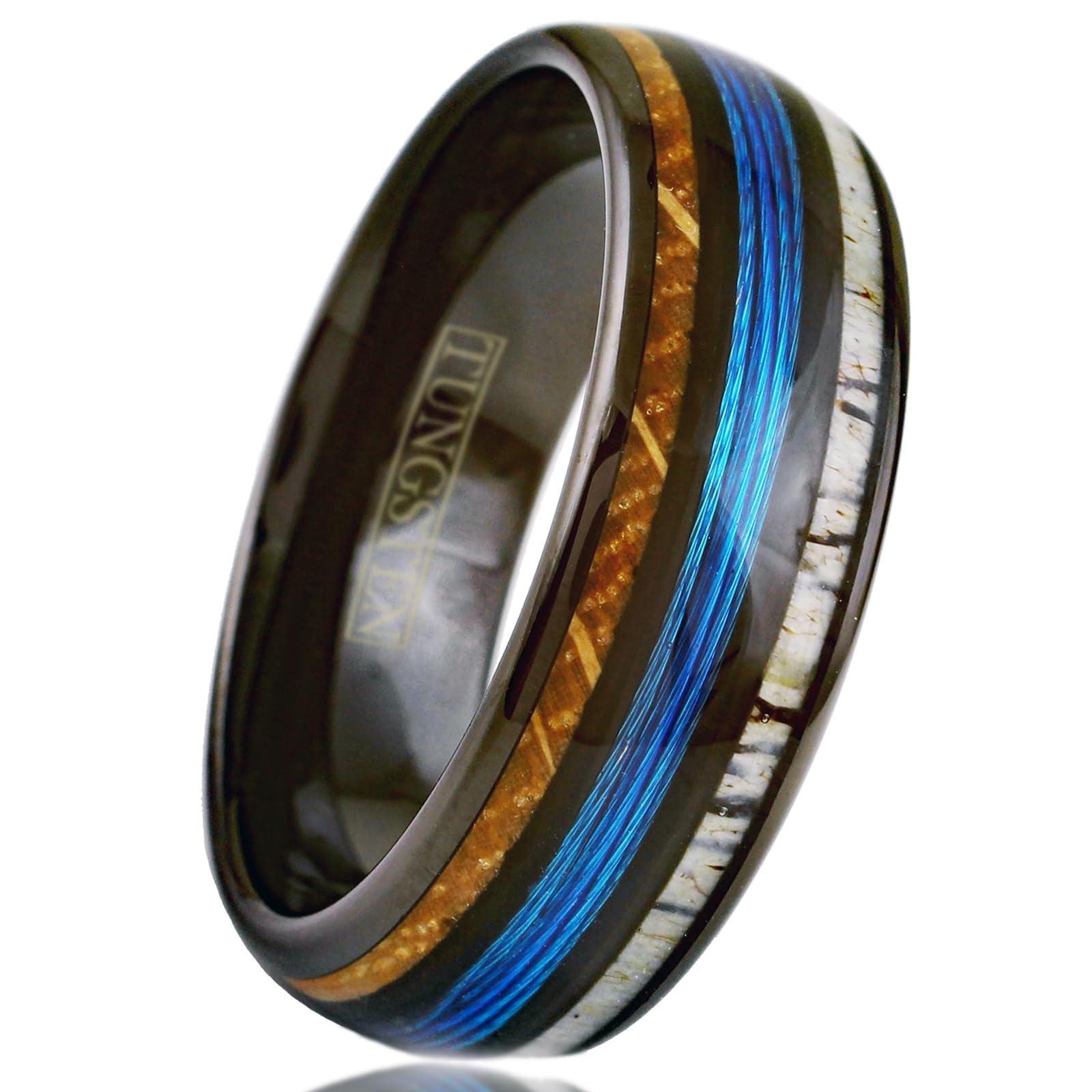 Personalized Engraved 6mm/8mm Polished Black Tungsten Carbide Low Dome Band Ring with Fishing Line Between Whiskey Barrel Oak Wood and Deer Antler Inlays. (Tungsten (8mm), 10)