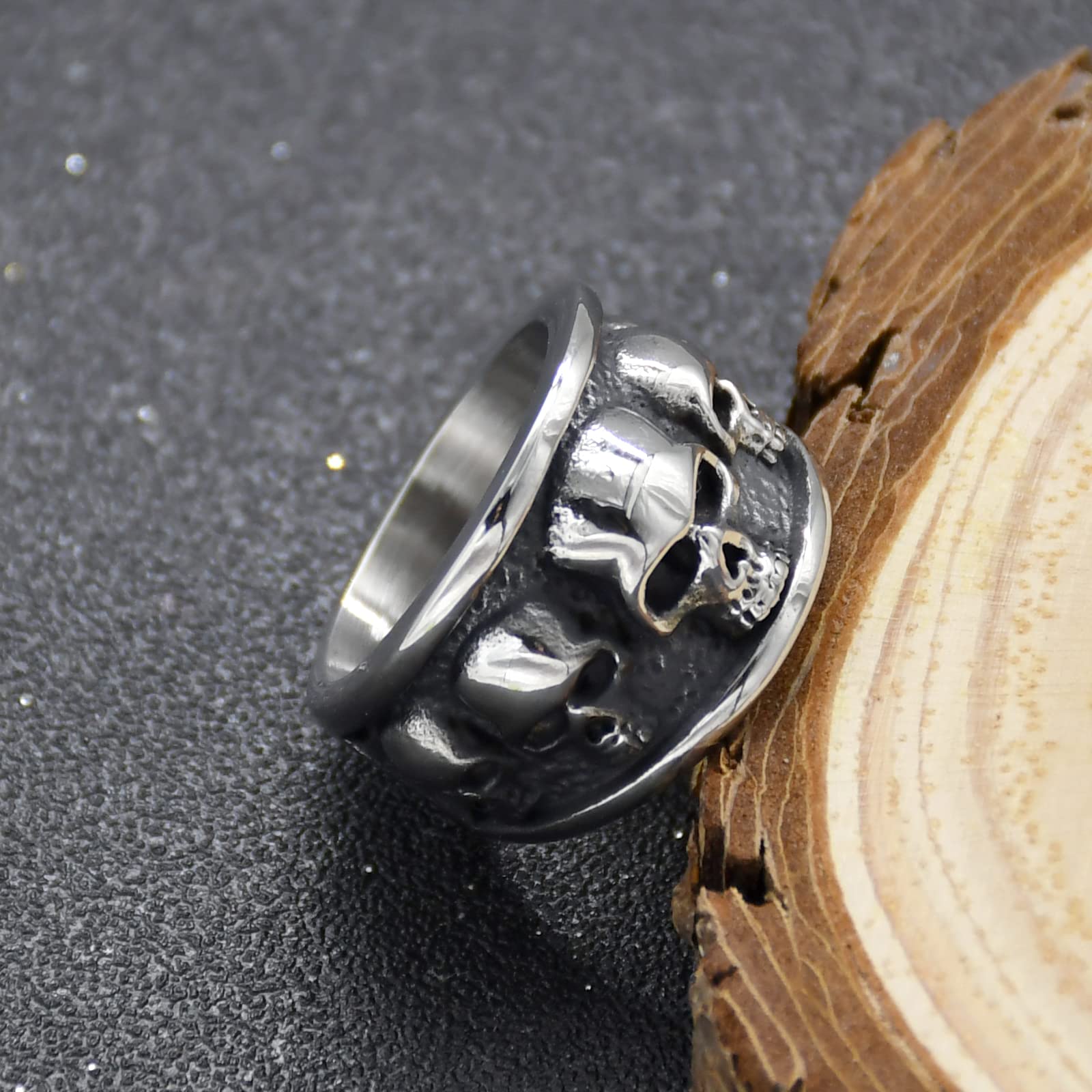 HJ HUAJ Stainless Steel Cool Skull Rings Gothic Death Skull Skeleton Cocktail Party Biker Statement Retro Vintage Ring