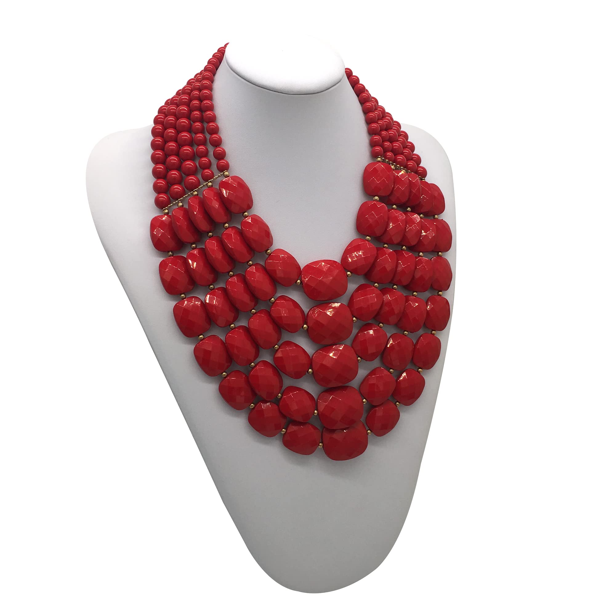 JHWZAIY 5 Layered Colorful Beaded Statement Chunky Necklaces For Women Fashion African Tribal Costume Jewelry Earring Set Multi Strand Bead Collar Choker Bib Handmade (5 layers red)