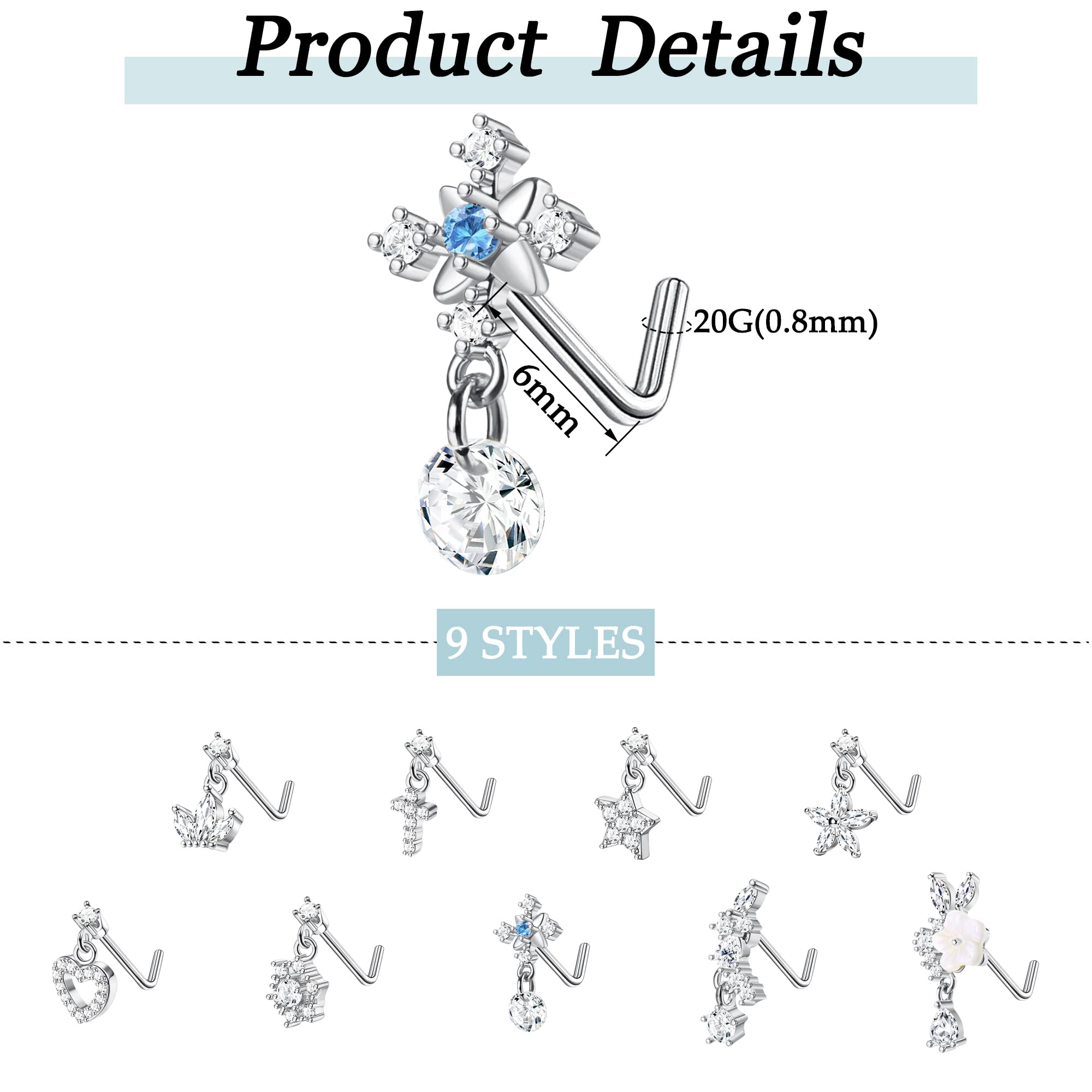 ORAZIO 9 PCS Dangle Nose Rings L Shaped for Women 20G Stainless Steel Nose Rings Studs CZ Cross Crown Flower Heart Dangling Nose Rings Piercing Jewelry