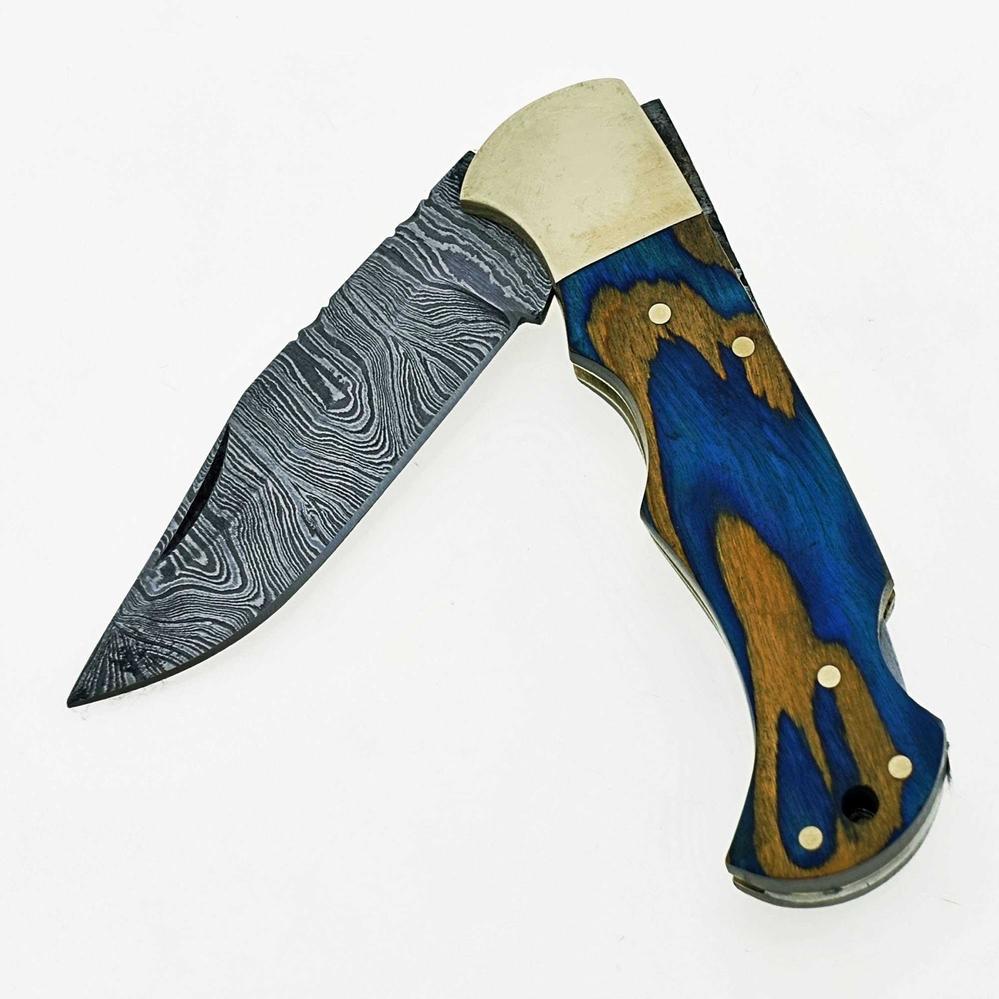 Custom Handmade Damascus Steel Folding Knife/Pocket Knife SS-17483(Blue and Yellow Colored Wood)