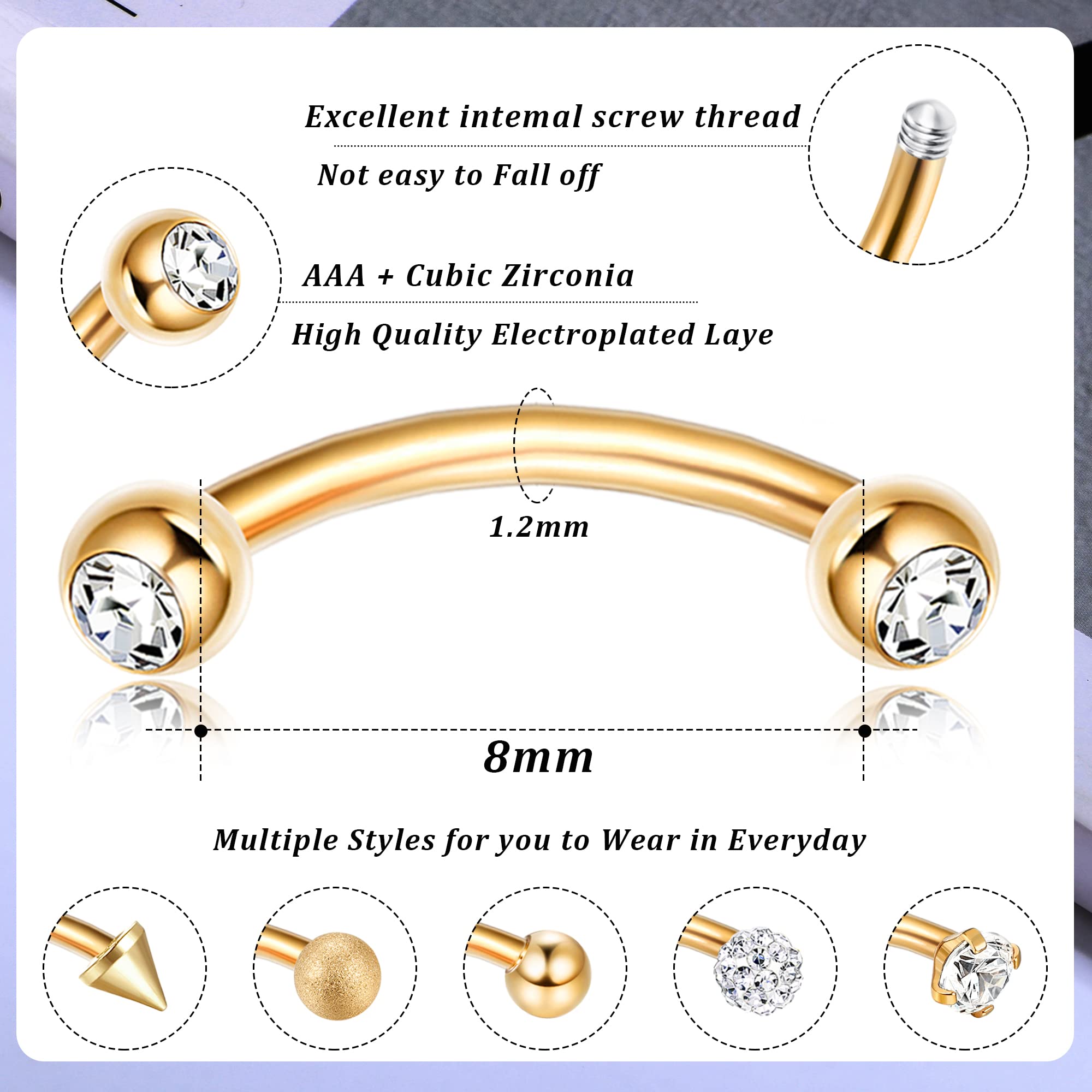 Drperfect 12 PCS Rook Piercing Jewelry Rook Earrings for Women Men Eyebrow Rings 16G Stainless Steel Curved Barbell Dangle CZ Belly Lip Ring Cartilage Daith Surface Tragus Piercing Jewelry