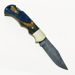 Custom Handmade Damascus Steel Folding Knife/Pocket Knife SS-17483(Blue and Yellow Colored Wood)