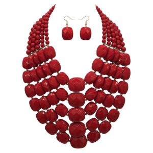 jhwzaiy 5 layered colorful beaded statement chunky necklaces for women fashion african tribal costume jewelry earring set multi strand bead collar choker bib handmade (5 layers red)