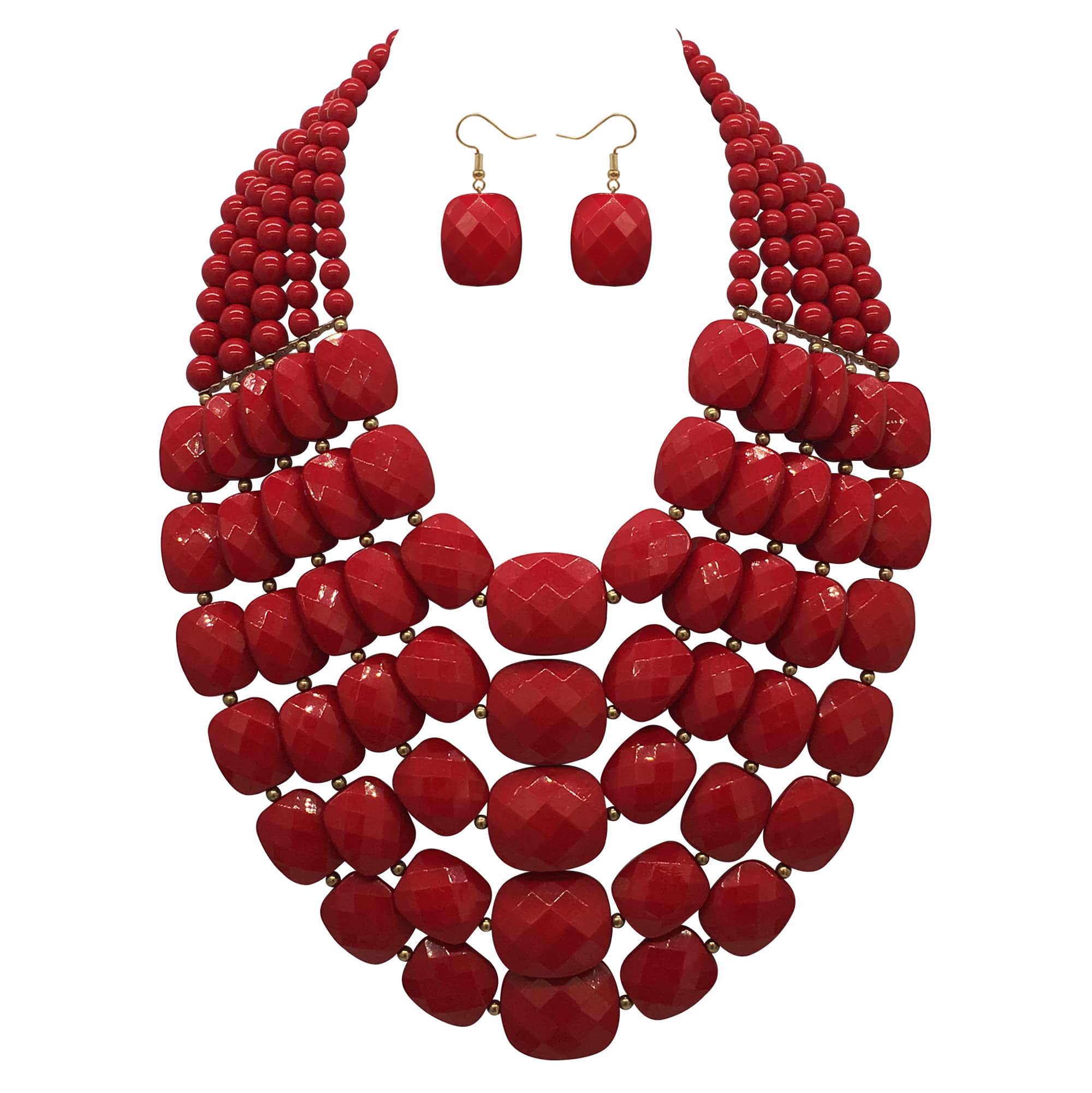 JHWZAIY 5 Layered Colorful Beaded Statement Chunky Necklaces For Women Fashion African Tribal Costume Jewelry Earring Set Multi Strand Bead Collar Choker Bib Handmade (5 layers red)