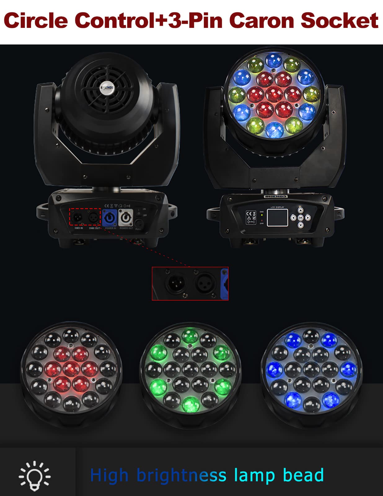 SHEHDS Moving Head Light LED 19x15W RGBW 4in1 Beam/Wash/Zoom Effect Stage Lights Professional DMX512 & Sound Activated Control DJ Lights for Party Wedding Disco and Nightclub - 1 Pack