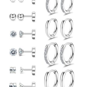 LOYALLOOK 10Pairs Surgical Steel Earrings Sets for Multiple Piercing Lightweight Small Sleeper Huggie Hoop Earrings Tiny Ball CZ Flatback Stud Earrings for Cartilage Helix Lobe Hypoallergenic