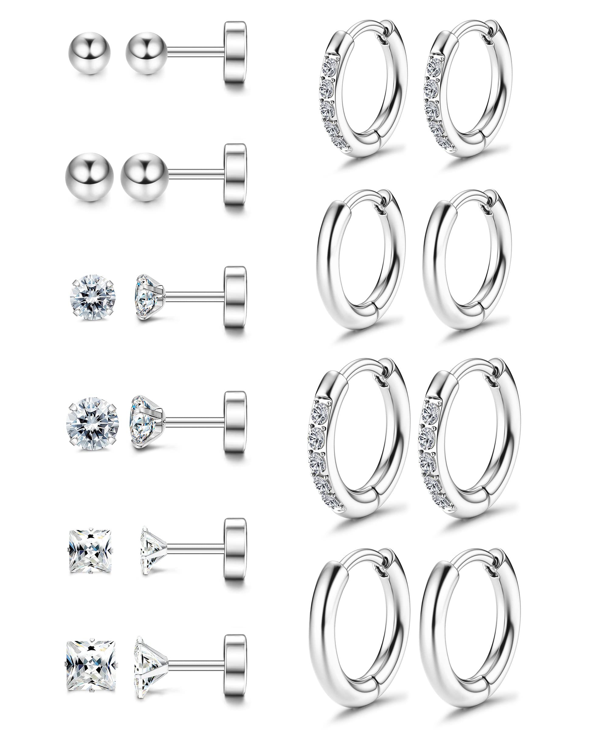 LOYALLOOK 10Pairs Surgical Steel Earrings Sets for Multiple Piercing Lightweight Small Sleeper Huggie Hoop Earrings Tiny Ball CZ Flatback Stud Earrings for Cartilage Helix Lobe Hypoallergenic