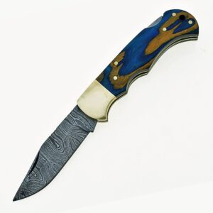 Custom Handmade Damascus Steel Folding Knife/Pocket Knife SS-17483(Blue and Yellow Colored Wood)